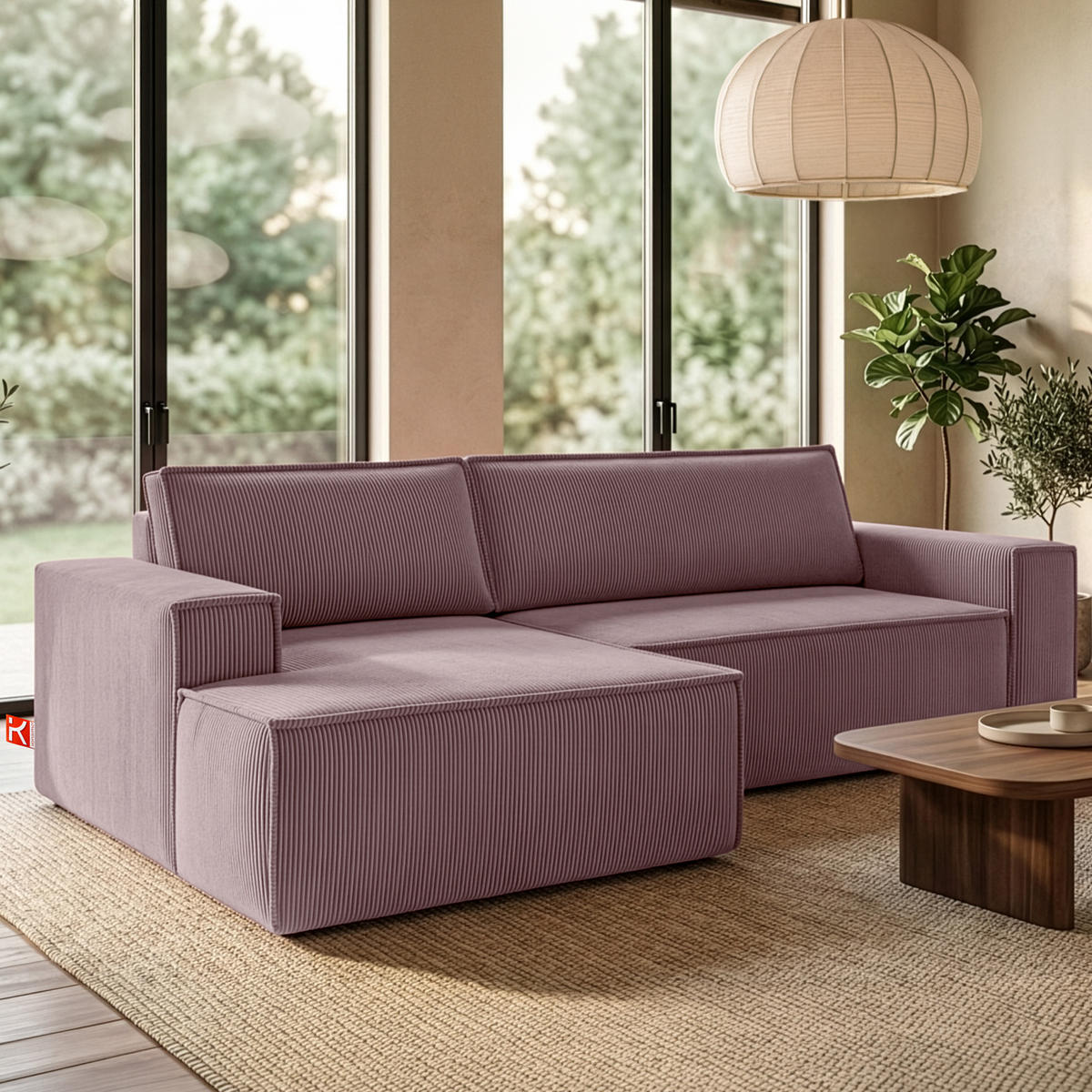 ECKSCHLAFSOFA-LINKS NAPI in Pet Friendly Cord-Stoff, hellviolett - Violett/Schwarz, Textil (262/148cm) - KONSIMO®