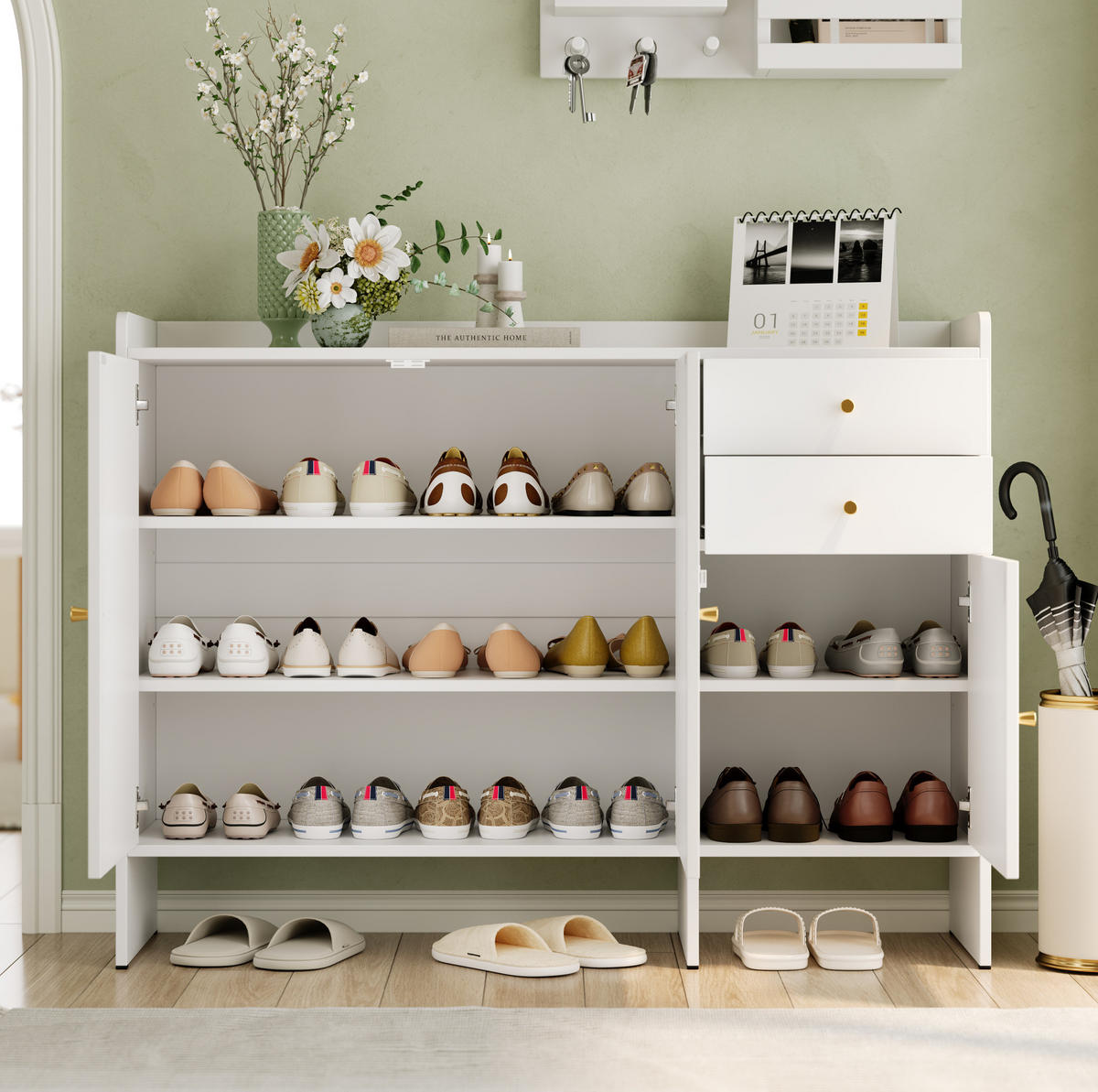 SCHUHSCHRANK 120/35/90 cm in Weiß mit 3 Türen, 2 Schubladen und Kippsicherung - Weiß, Holzwerkstoff (120/90/35cm) - Flora Grace