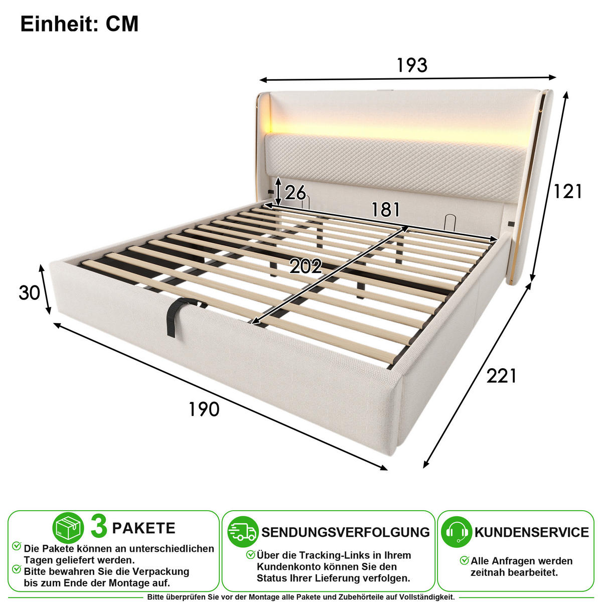POLSTERBETT 180/200 cm in Beige mit Bettkasten, LED und USB/Type-C - Beige, Holzwerkstoff/Textil (180/200cm) - CHICFURN