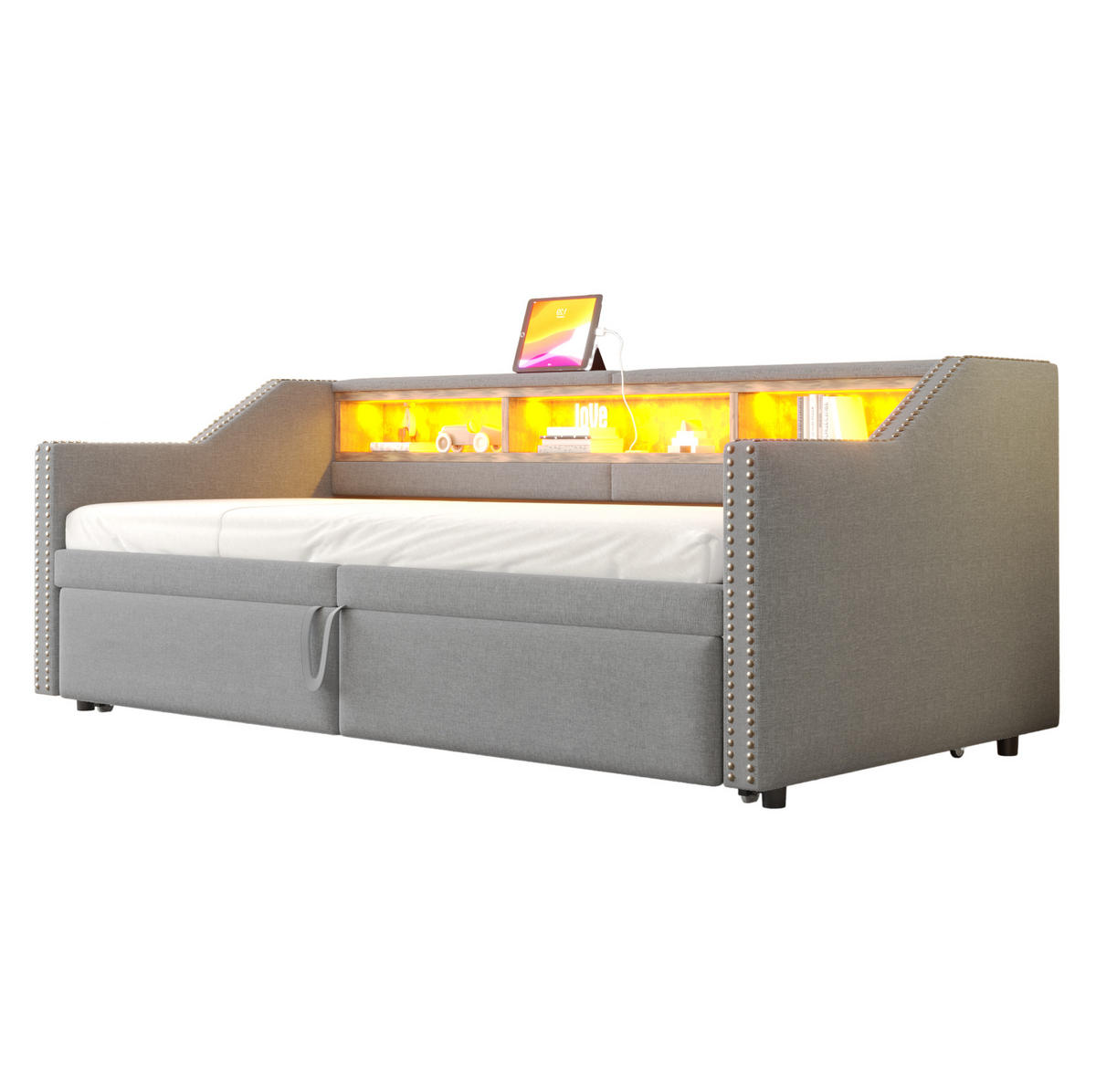AUSZIEHBETT 90/180×200 cm Hellgrau mit LED-Beleuchtung und USB-Anschlüssen - Hellgrau, Textil (90/200cm) - Flora Grace