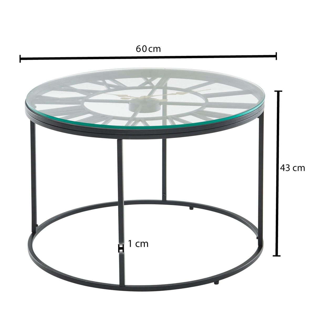 COUCHTISCH GESSO, Einscheibensicherheitsglas, Metallgestell, Römische Uhr, Handgefertigt, Schwarz 60x60x43 cm - Schwarz, Glas/Metall (60/60/43cm) - KADIMA DESIGN