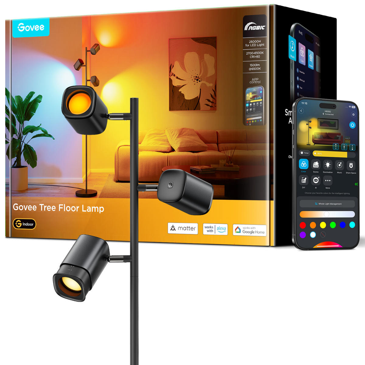 STEHLEUCHTE RGBWW Tree Floor Lamp, 3 Lampenköpfe, 157 cm - Schwarz, Metall (28/28/157cm) - Govee