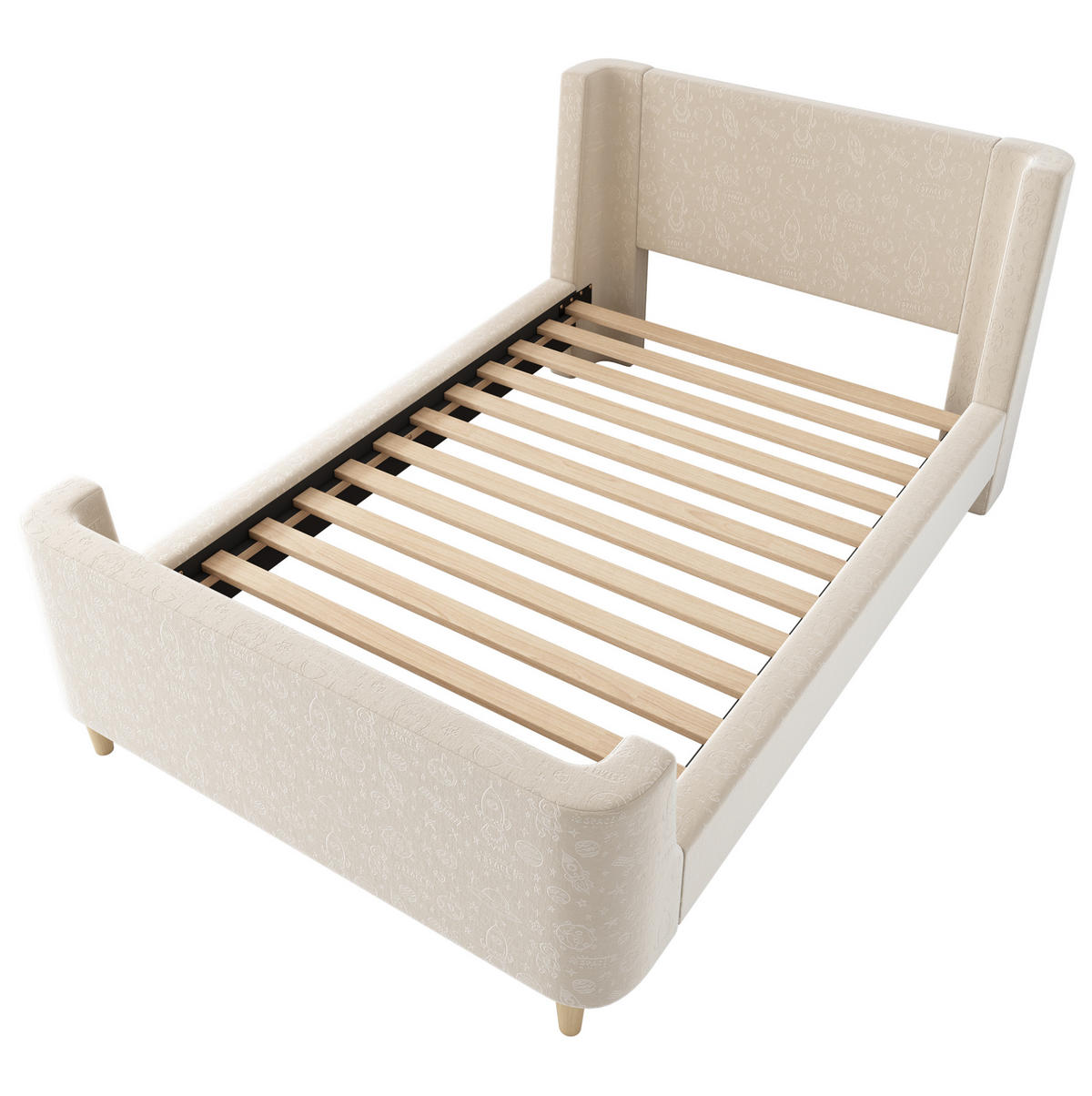 KINDERBETT 90/200 cm in Beige aus Samt mit Weltraummuster und Schlittenform - Beige, Textil (90/200cm) - Flora Grace