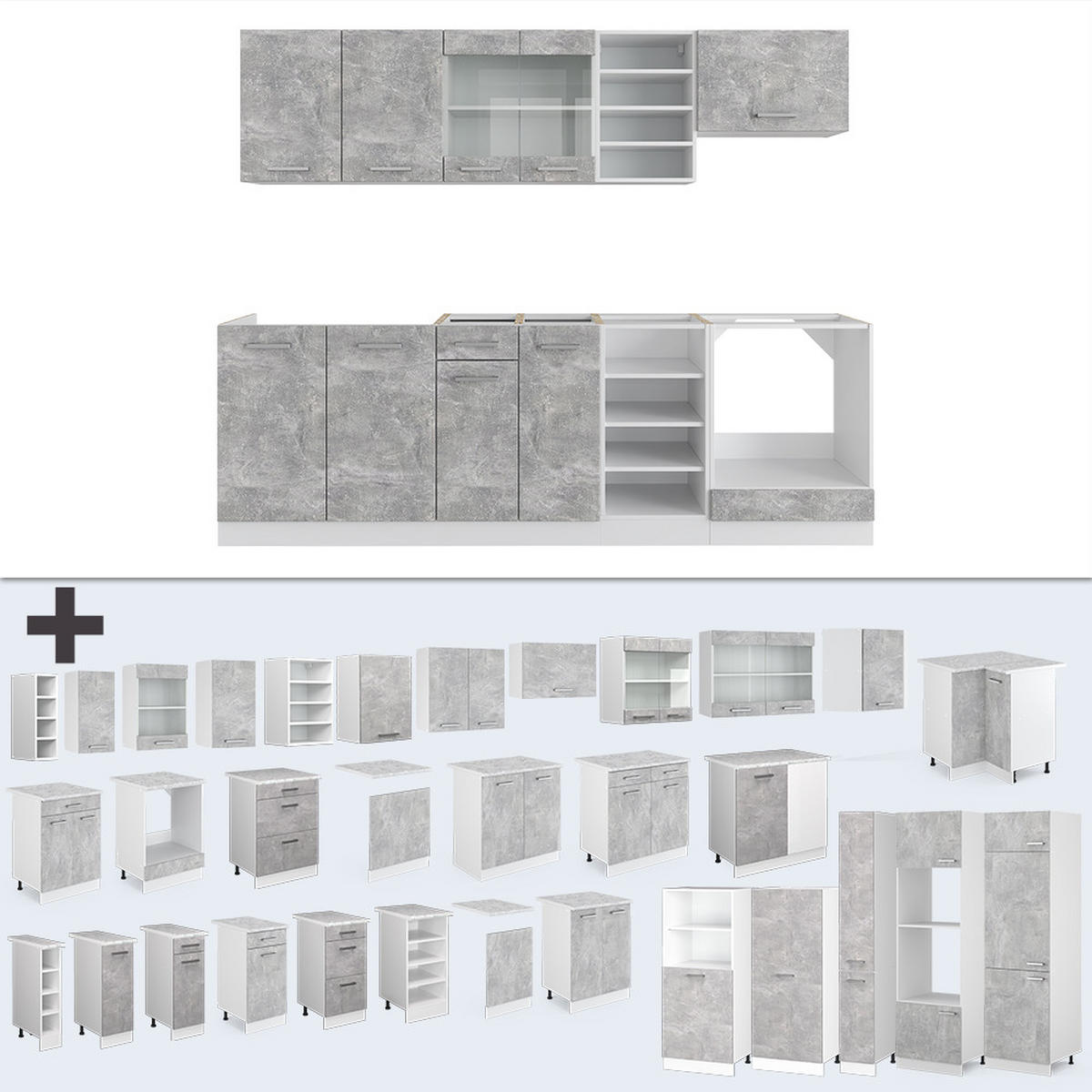 KÜCHENZEILE R-Line Beton/Weiß 240 cm ohne AP - Schieferfarben/Weiß, Holzwerkstoff (240/81.6/46cm) - Vicco