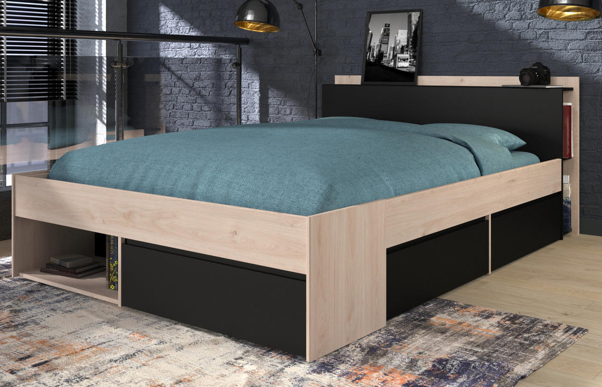 BETT mit Regal und 3 x Schubkasten Stauraumbett 140 x 200 cm - Eichefarben/Schwarz, Holz/Holzwerkstoff (140/200cm) - Parisot Meuble