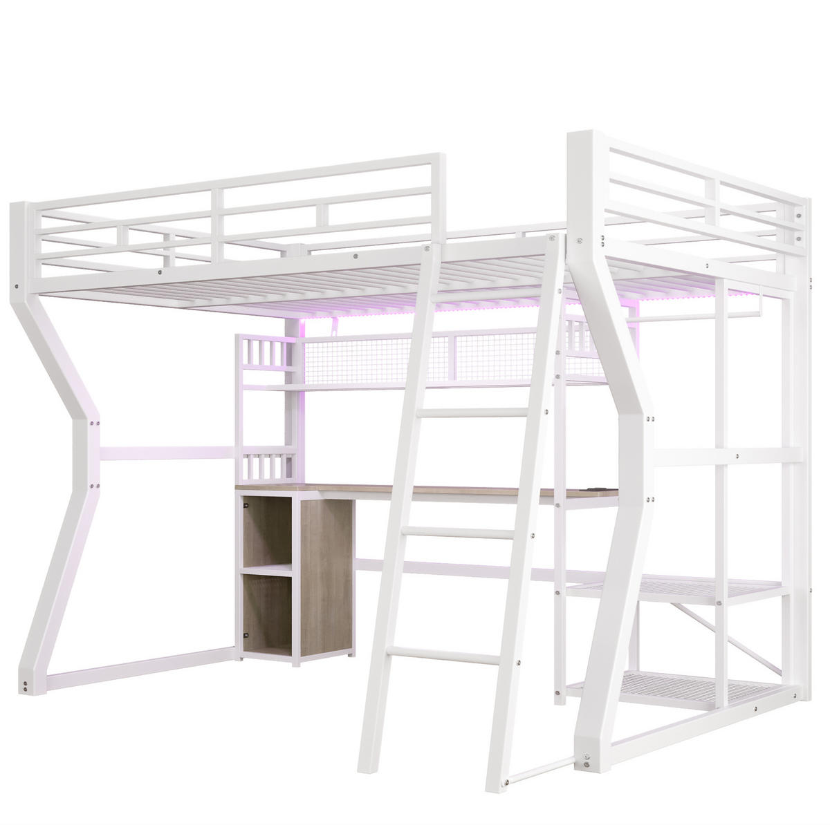 HOCHBETT 140/200 cm aus Metall/MDF mit Schreibtisch und Lichtleiste Weiß - Weiß, Holzwerkstoff (140/200cm) - Modenvie