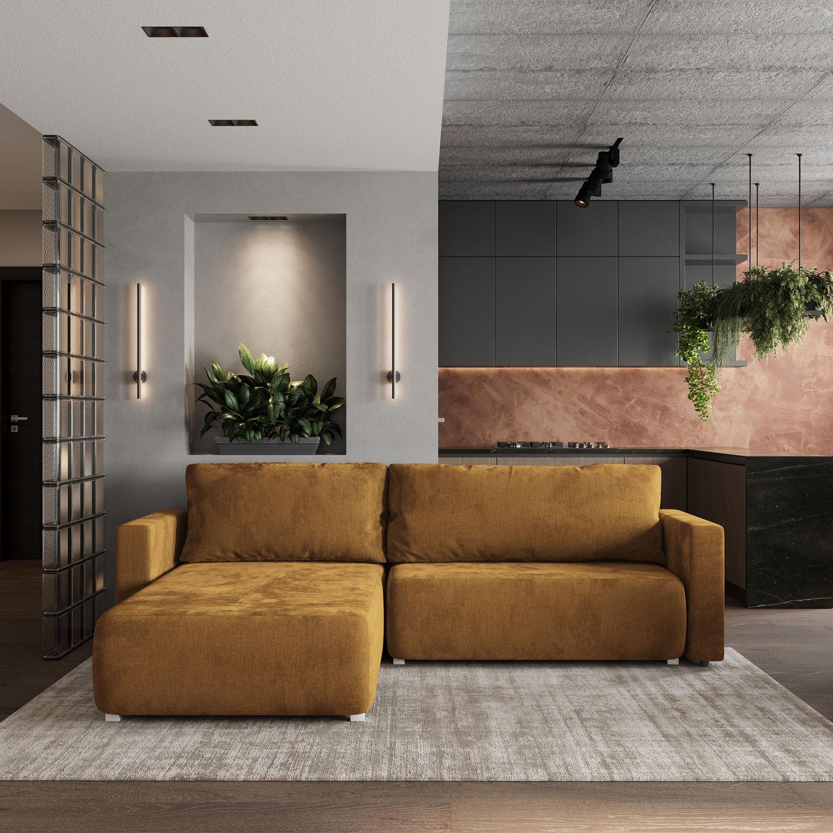 ROHOVÁ SEDAČKA TURIN žlutá - šedá/žlutá, dřevo/textil (265/183cm) - MASSENO