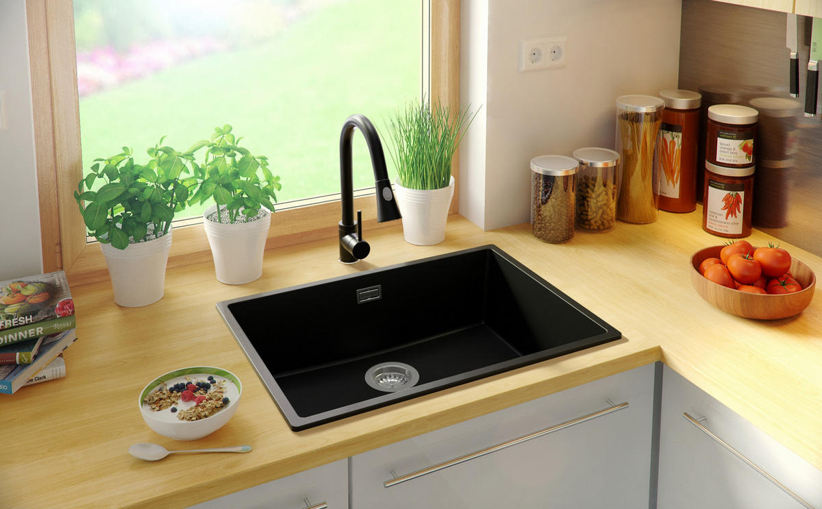 SPÜLBECKEN London Slim, 2-er set Alles Schwarz 66/47 cm 1 Becken + Ablauf-Set ab 70er Unterschrank - Schwarz, Kunststoff (66/20/47cm) - Primagran