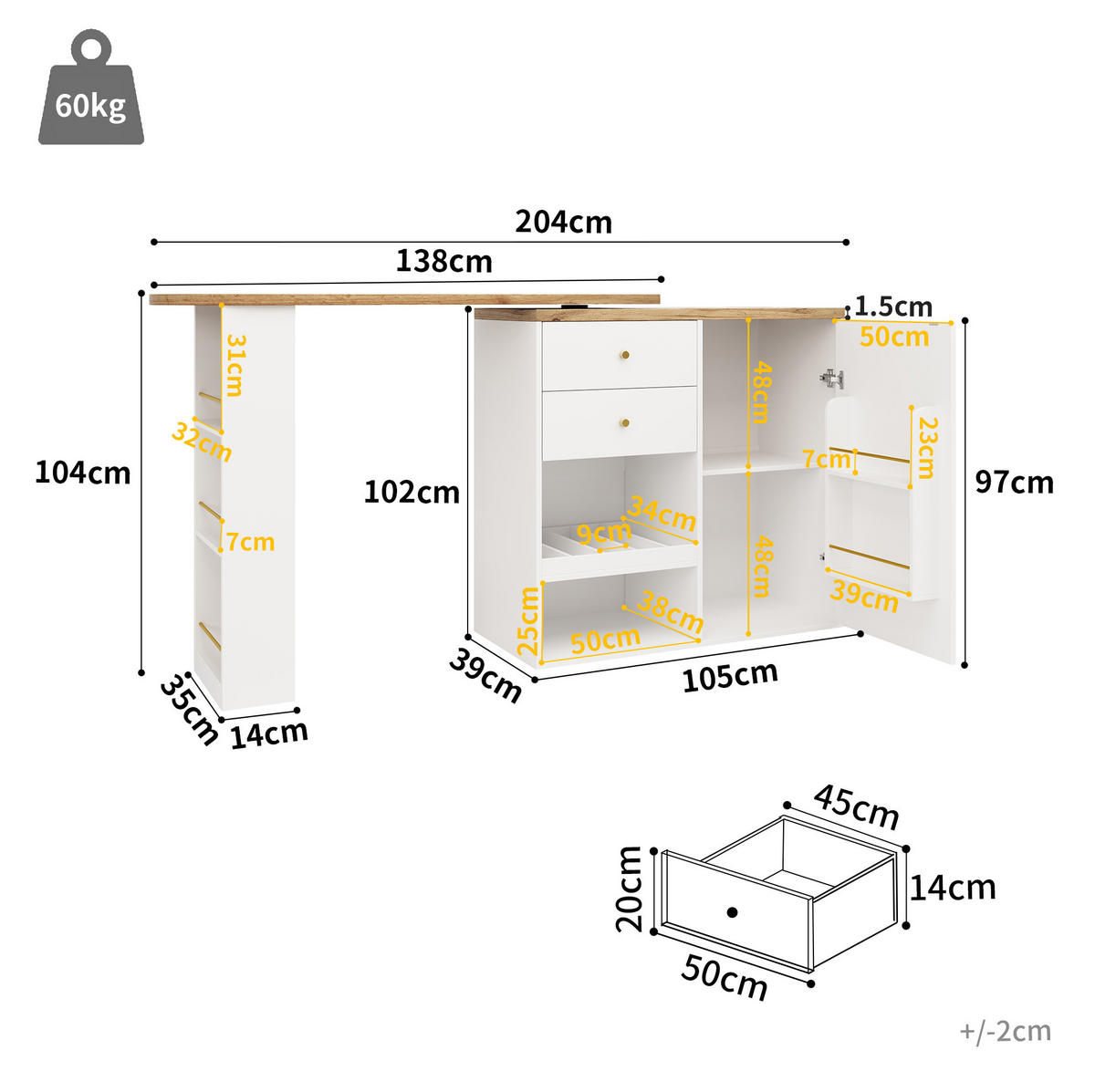 BARTISCH 138/39/102 cm in Weiß mit drehbarem Regal und Schubladen - Weiß, Holzwerkstoff (204/39/104cm) - BEAOK