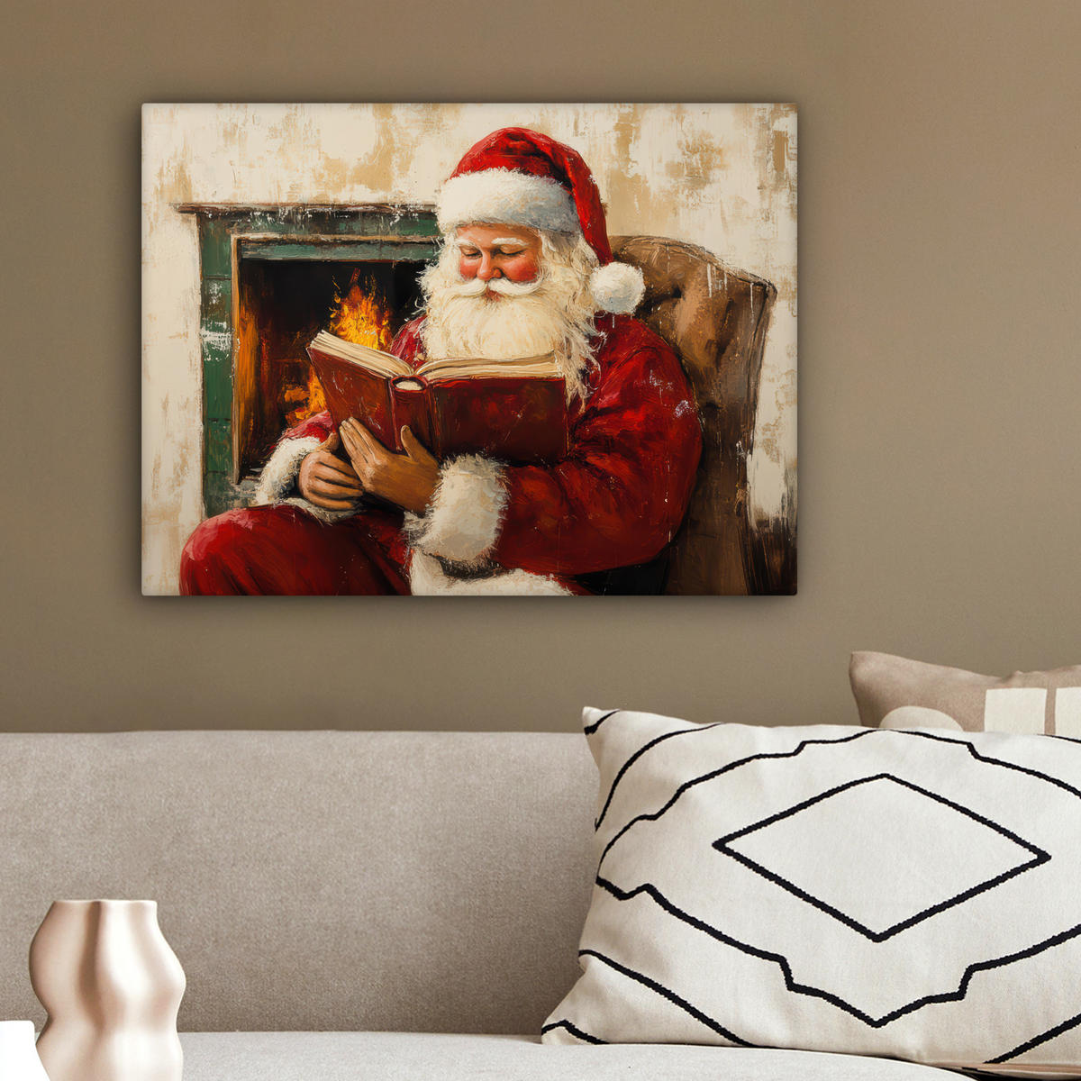 LEINWANDBILD Weihnachten - Weihnachtsmann - Winter - Open Fireside 40x30 cm - Dunkelrot, Textil (40/30cm) - MuchoWow