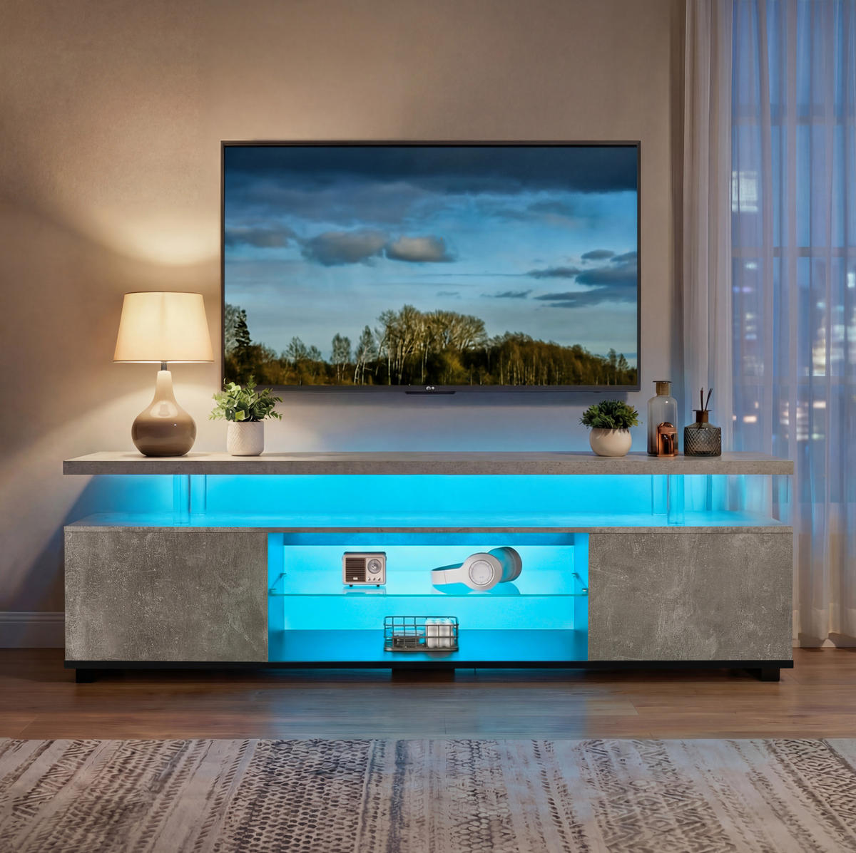 TV-LOWBOARD mit LED-Beleuchtung, 3 Schrankfächern und offenem Ablagefach, Grau/Schwarz - Schwarz, Holzwerkstoff (130/48/40cm) - Redom