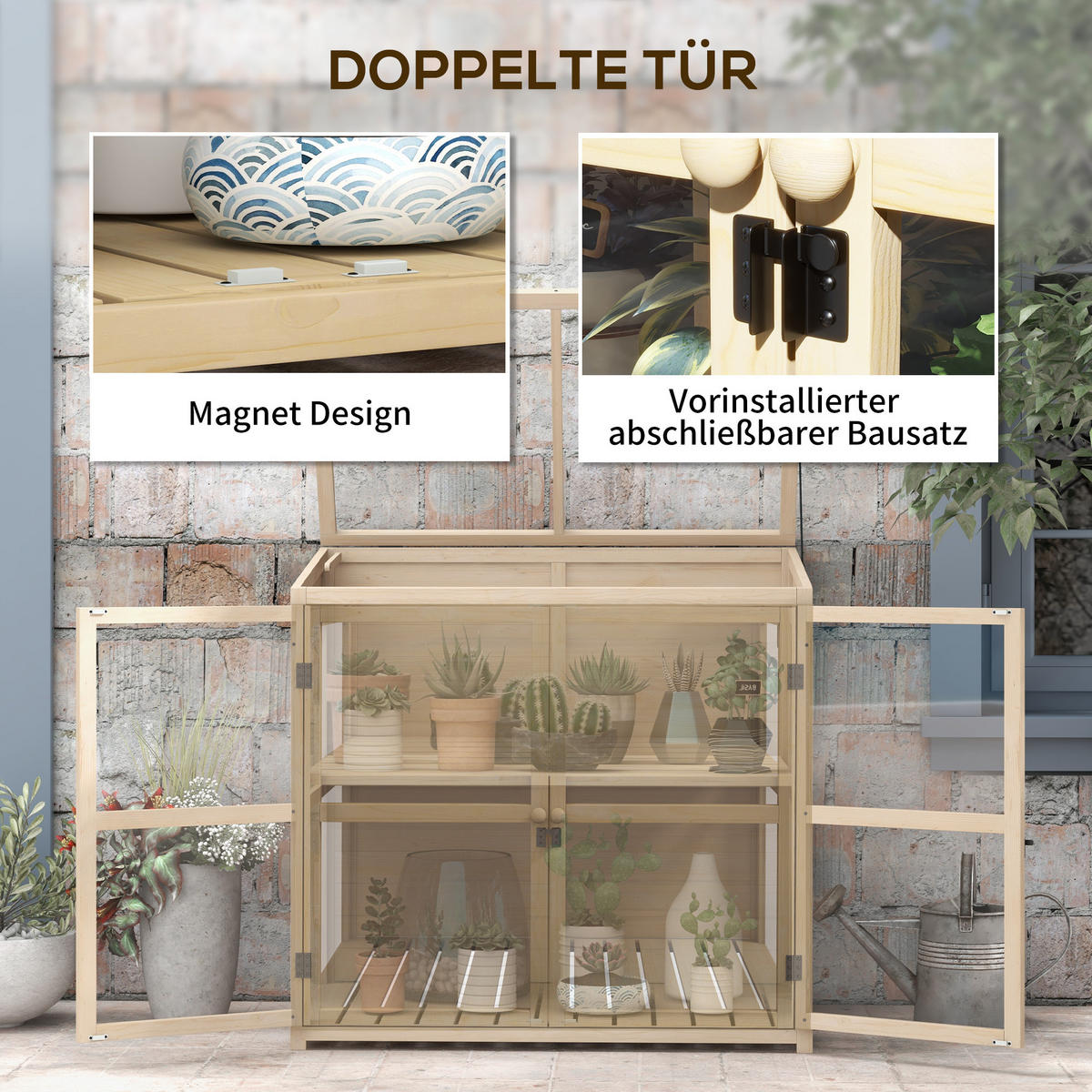 GEWÄCHSHAUS aus Holz 103x61x95/103 cm in Natur mit Doppeltür & Dachfenster - Naturfarben, Holz (61/103/103cm) - Modfu