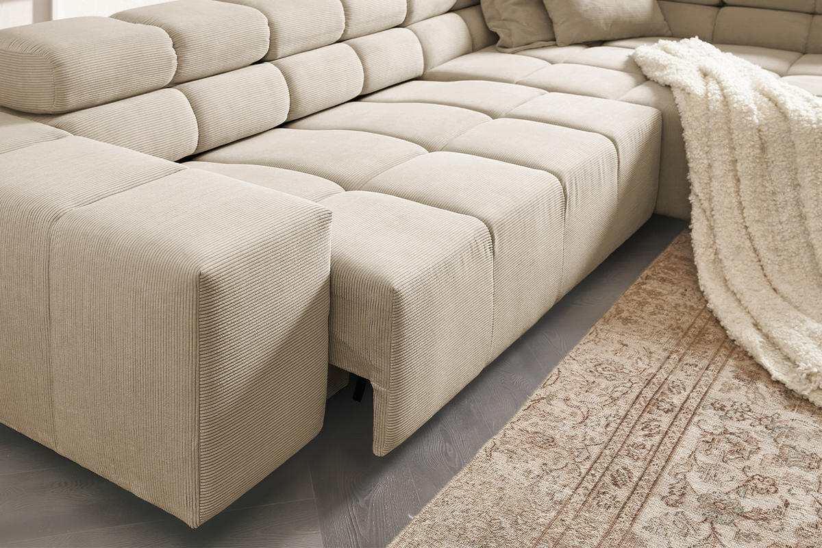 ECKSOFA MIT MOTORISCHEM SITZVORZUG NEVADA Beige Cord - Beige/Schwarz, Kunststoff/Textil (319/215cm) - KAWOLA
