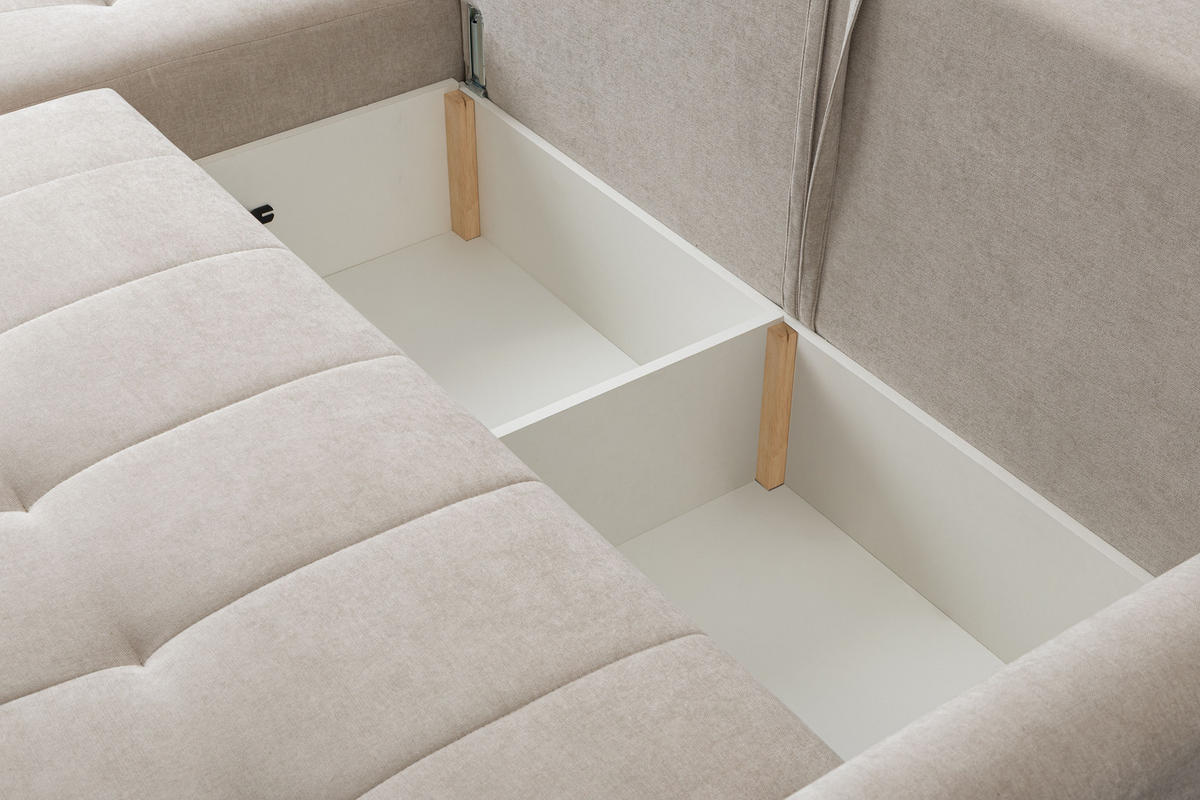 ECKSOFA Primo mit Schlaffunktion und Bettkasten in Cordstoff - Creme/Schwarz, Holz/Holzwerkstoff (230/149cm) - Ravio