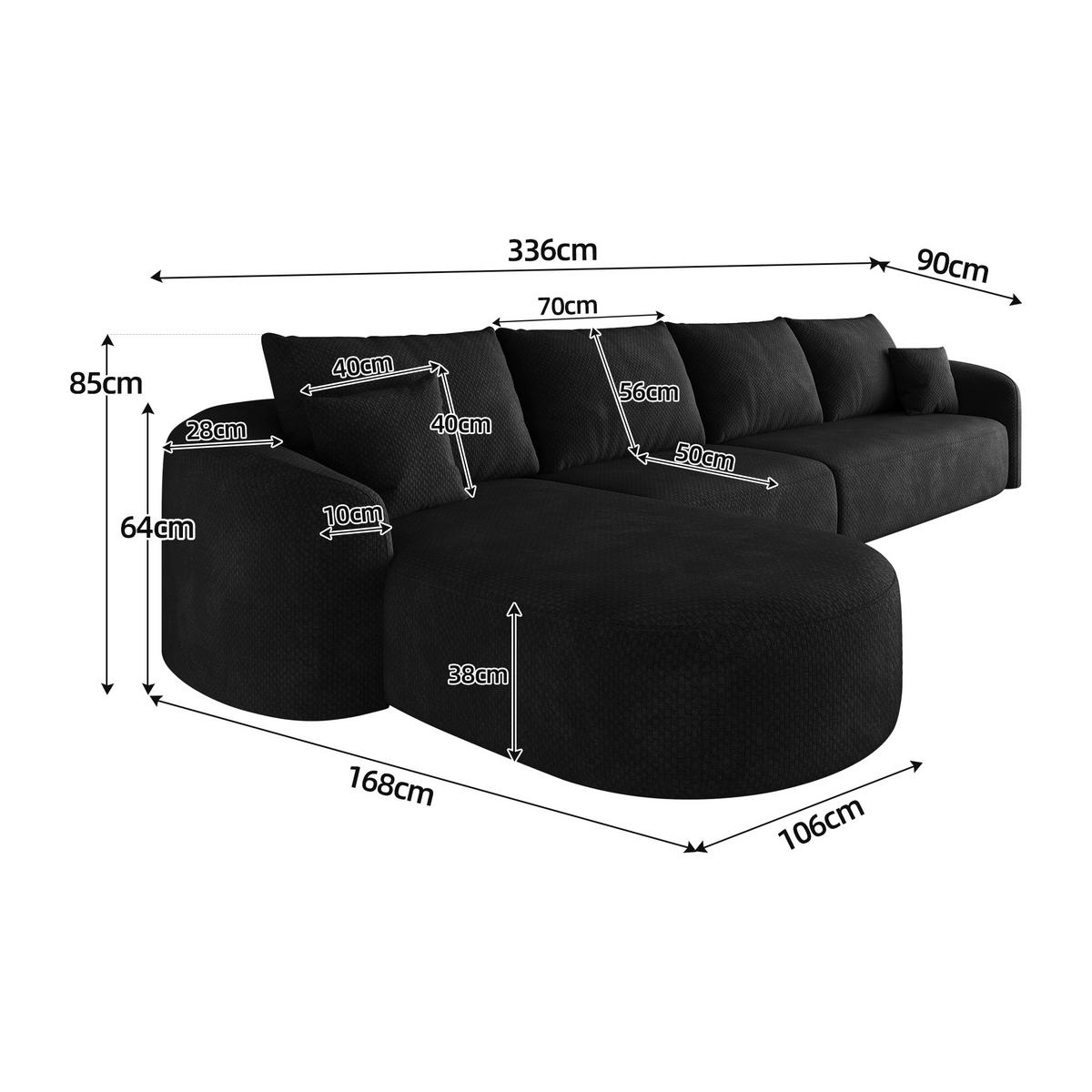 ECKSOFA 336/168/85 cm Schwarz Chenille mit Chaiselongue, Linke Seite - Schwarz, Textil (336/168cm) - Oxeza