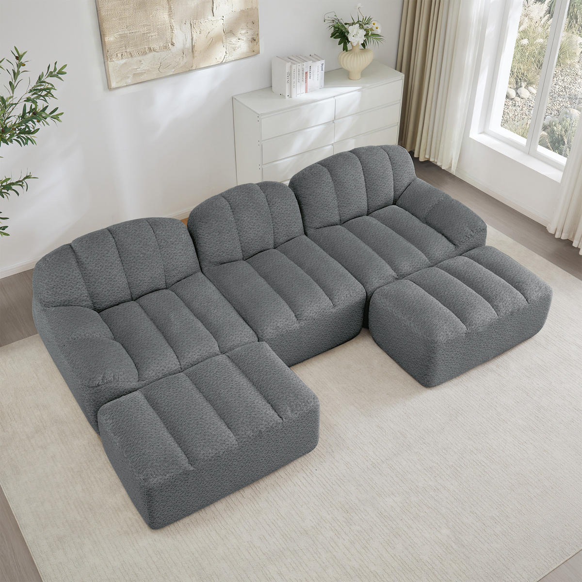 WOHNLANDSCHAFT Granulierter Fleece Grau mit 2 Ottomanen - Grau, Textil (188/79/165cm) - WISHDOR