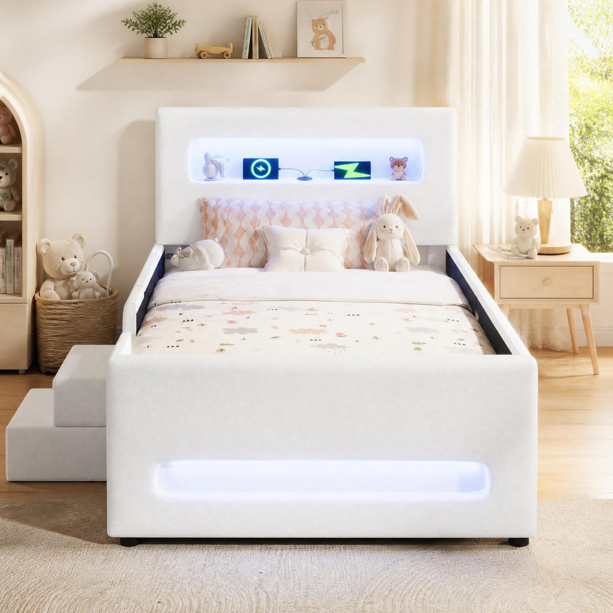 POLSTERBETT 90/200 mit Schublade, LED und USB in Weiß - Weiß, Holzwerkstoff/Textil (90/200cm) - EVRYAE
