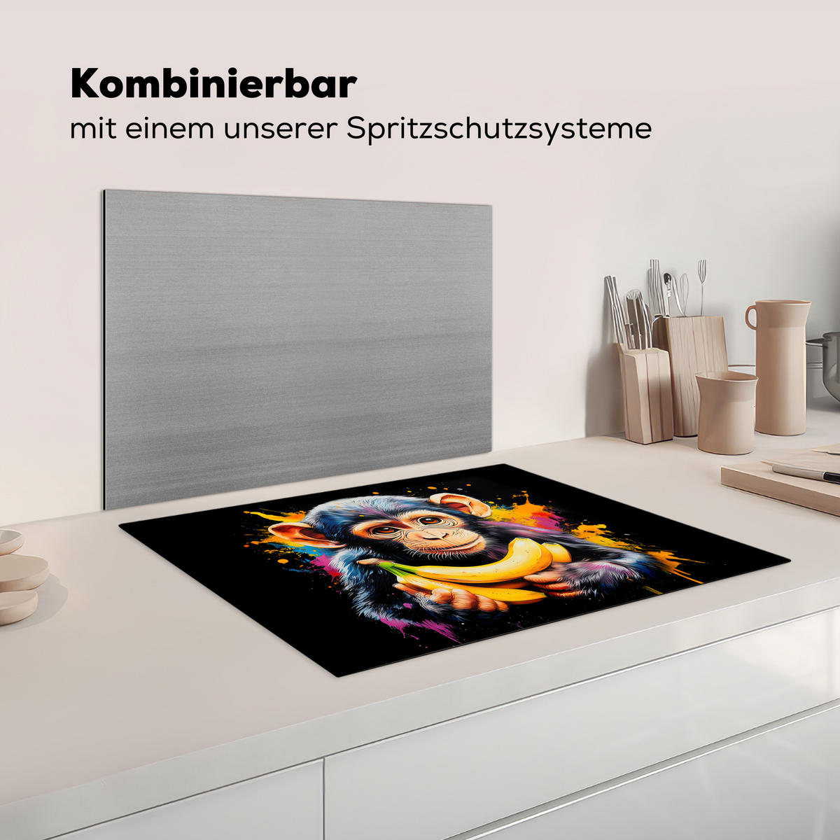 HERDABDECKPLATTE Affe - Graffiti - Farbenfroh - Bananen - Modern 70x52 cm - Gelb, Kunststoff (70/52/0.2cm) - MuchoWow