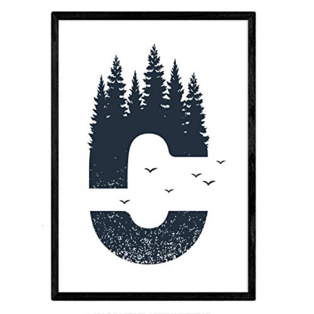 POSTER Buchstabe C Natur Wald Vögel A4 Schwarzer Rahmen - Schwarz, Papier (29.7/5/21cm) - Nacnic