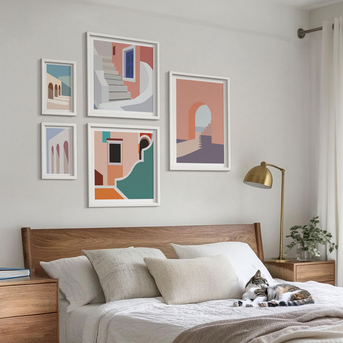 WANDBILDER 5er-Set - 50x50 cm & 20x30 cm & 40x60 cm Weißer Rahmen - Minimalistische Pastellgrafiken - Weiß, Kunststoff (40/60cm) - ArtPrintCave