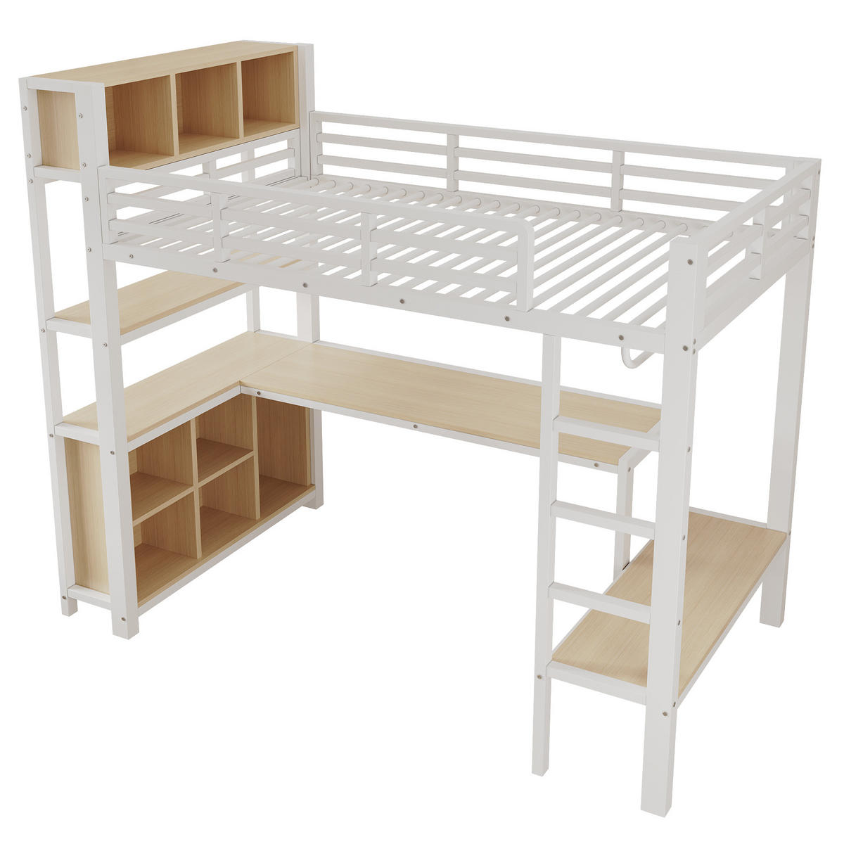 HOCHBETT 90/200 cm Weiß, mit Tisch, Kleiderständer, Regalen und Staufächern - Weiß, Metall