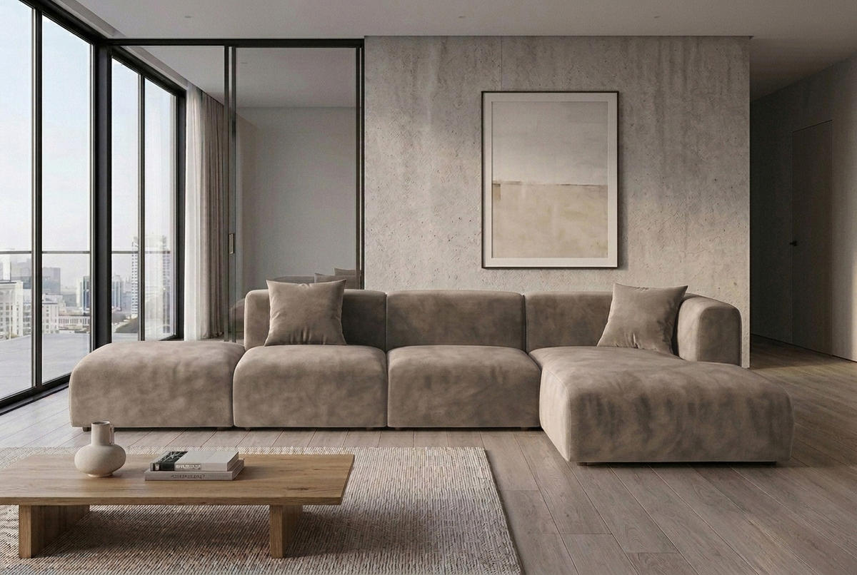 ECKSOFA L-Form Mit Hocker, Velvet-Stoff Bluvel, Latte, Rechts, GRETA - Hellbraun, Holz (386/179cm) - Kaiser Möbel