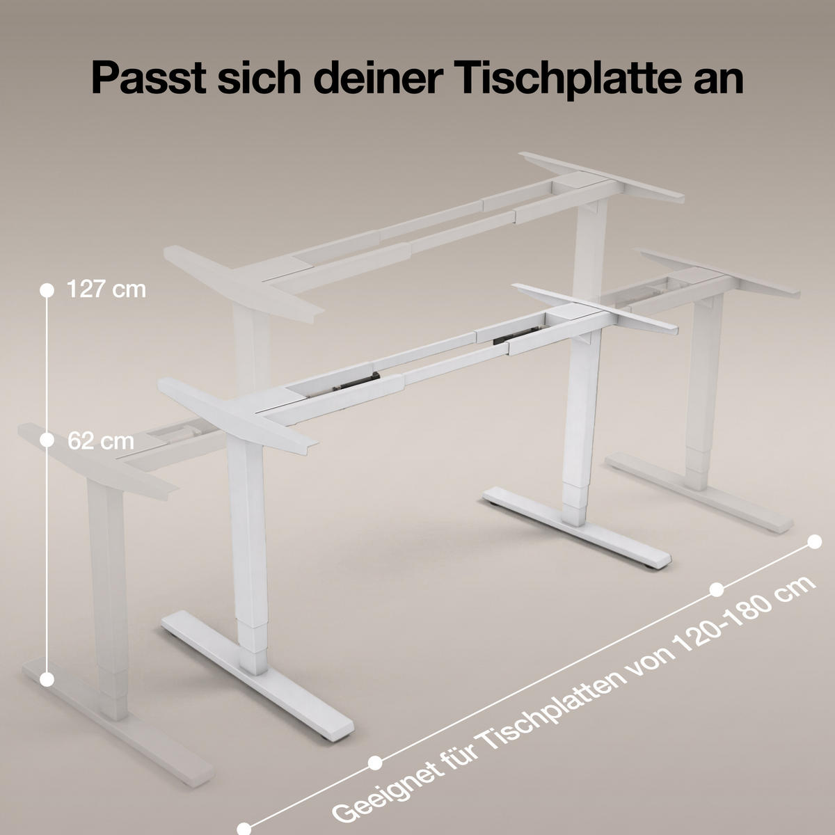 SCHREIBTISCHGESTELL Elektrisch höhenverstellbares Schreibtischgestell /62-127cm Signalweiß - Weiß, Metall (117/25/23cm) - ASSMANN