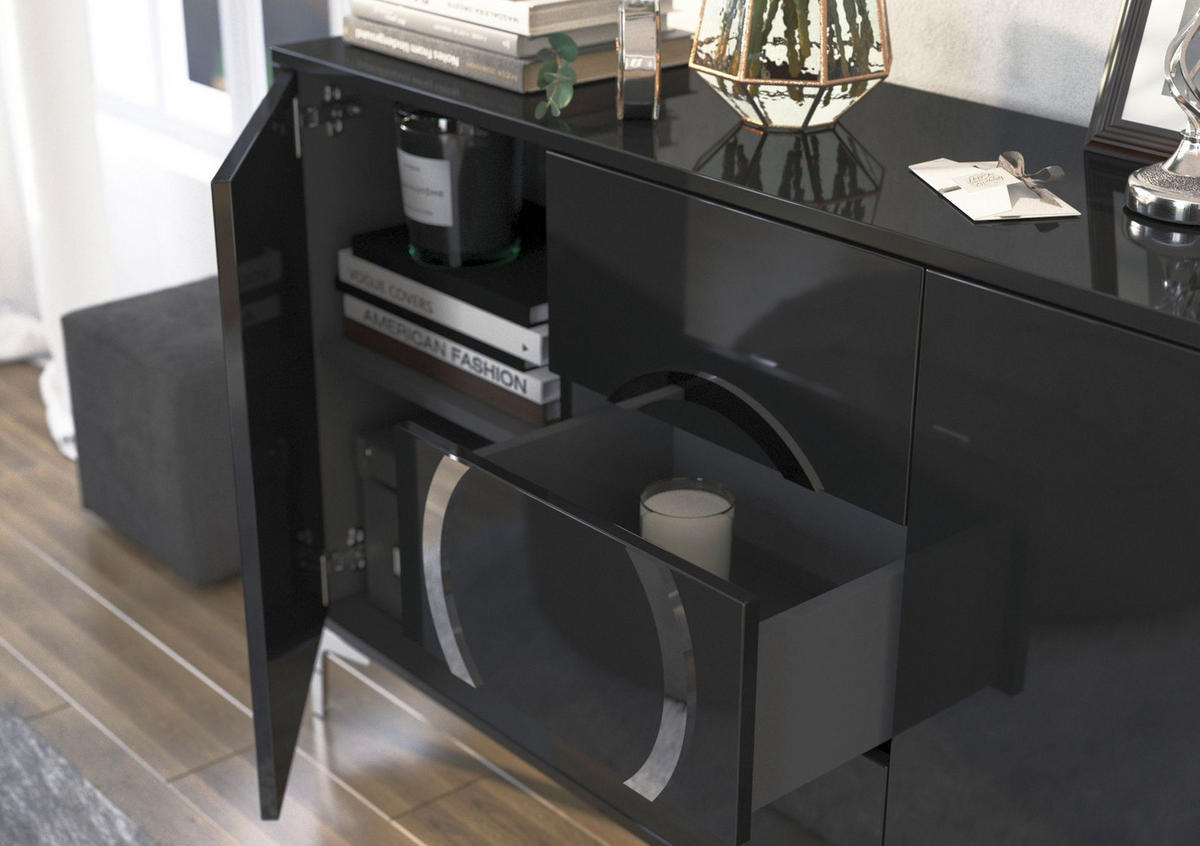 SIDEBOARD Eva, Schwarz, Silberne Akzente, Hochglanz - Schwarz Hochglanz/Silberfarben, Holzwerkstoff/Metall (138/83/38cm) - Kayani