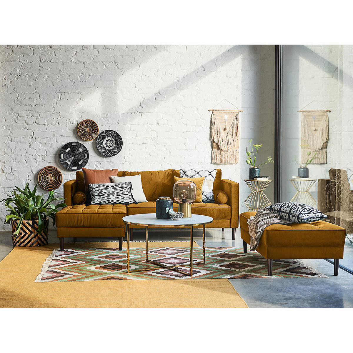 ECKSOFA - Samt - Dunkelbraun/Honig, Birkenholz/Textil (201/155cm) - home24