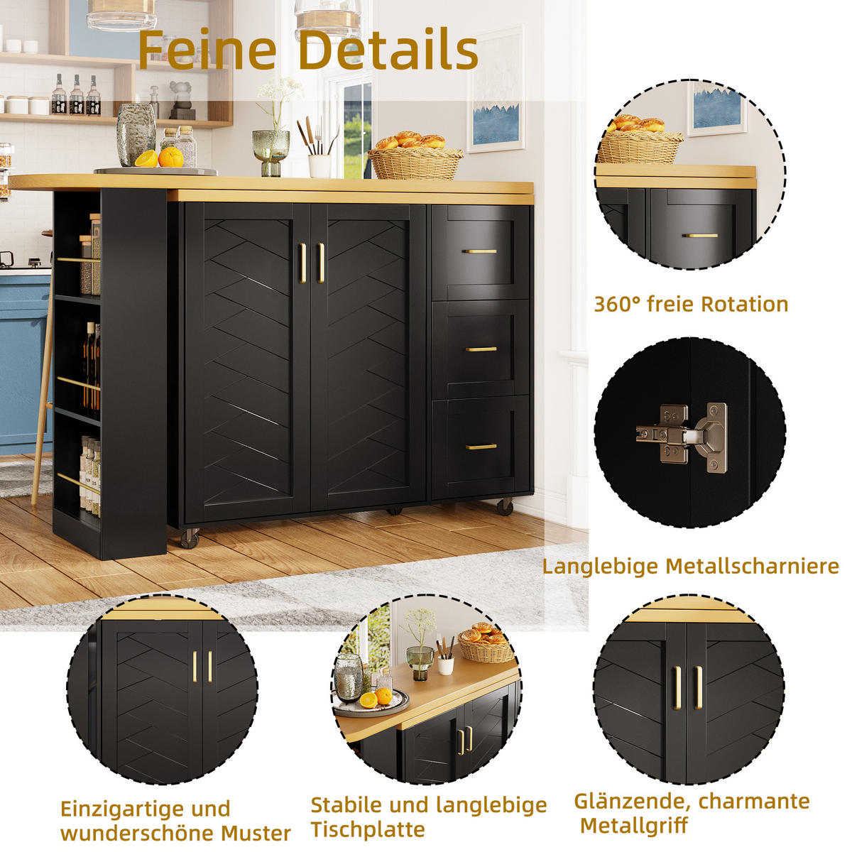 BARTISCH ausziehbar mit Stauraum & 5 Rollen, 135-228/39/104 cm, Schwarz - Schwarz, Holzwerkstoff (39/104/135cm) - Redom