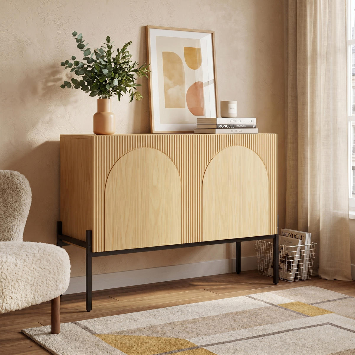 BUFLET 100cm cu Bogendesign, 2 Türen, Metallbeine - culoare naturală, compozit lemnos (100/75/40cm) - Urban Meuble
