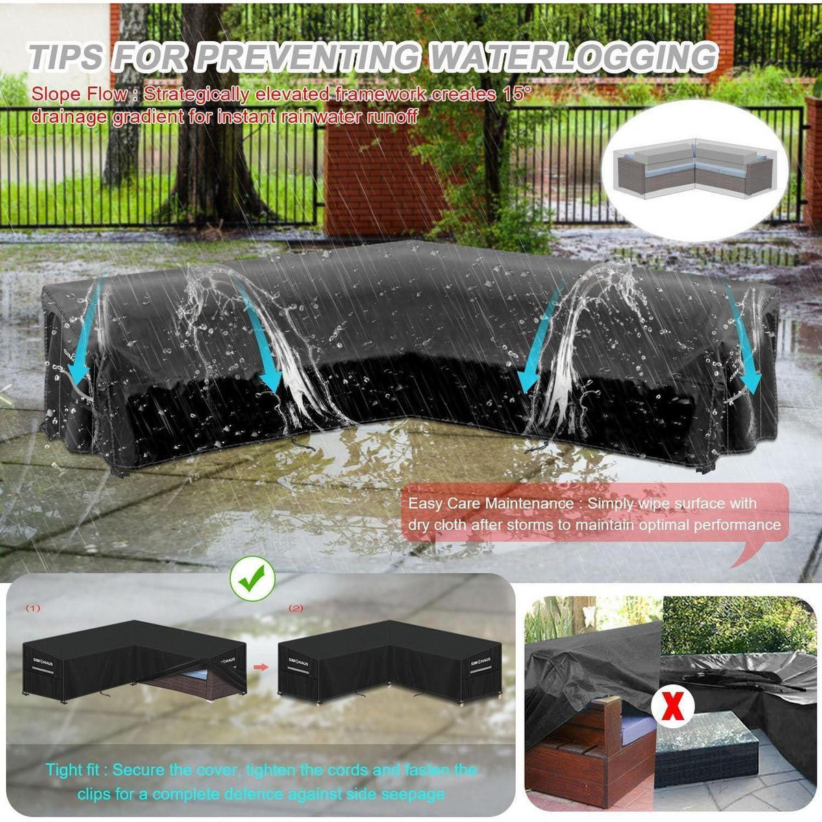 ABDECKHAUBE für Gartenmöbel V-Form 255 x 255 x 90 x 80/60 cm Wasserdicht 420D Oxford Grau - Schwarz, Kunststoff (1/1/1cm)