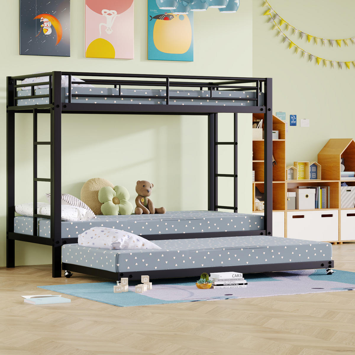 ETAGENBETT 90/200 cm aus Metall mit Ausziehbett und hohem Sicherheitsgeländer, Schwarz - Schwarz, Metall (90/200cm) - Redom