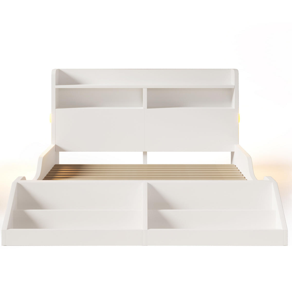 KINDERBETT 140/200 cm weiß aus Holz mit Regal und Nachtlichtern - Weiß, Holzwerkstoff (140/200cm) - OKWISH