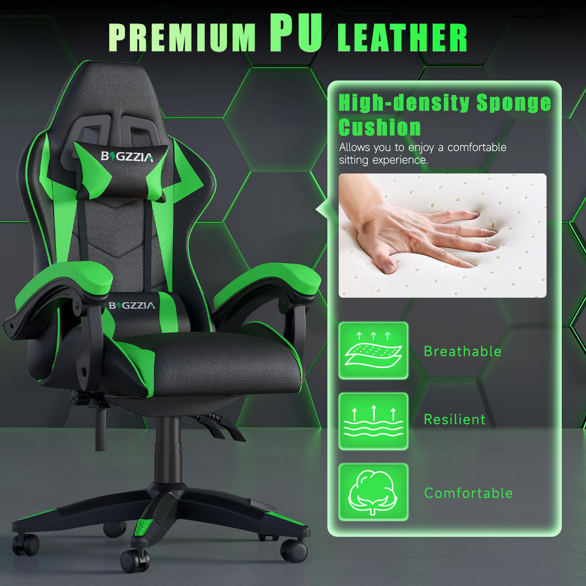 GAMING-STOLICA Zelena,Ergonomska,Podesiv Naslon,Pričvršćeni Jastuci - zelena, koža (59/120/56cm) - Rattantree