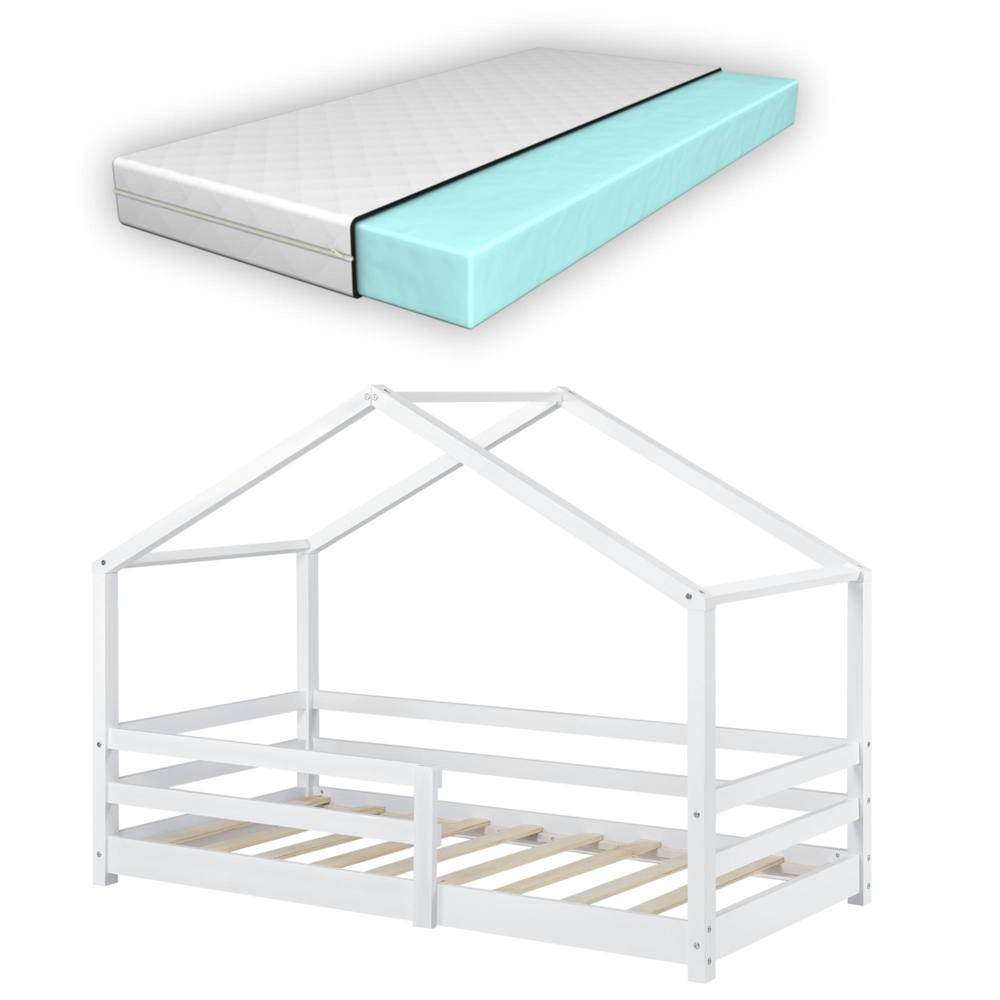 HAUSBETT Knätten mit Matratze - Weiß, Holz/Textil (80/160cm) - [en.casa]