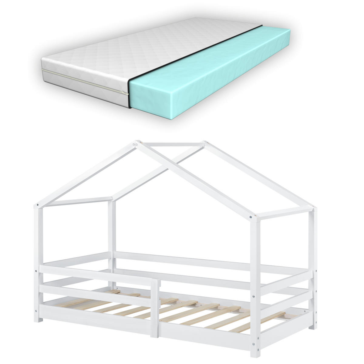 HAUSBETT Knätten mit Matratze - Weiß, Holz/Textil (80/160cm) - [en.casa]
