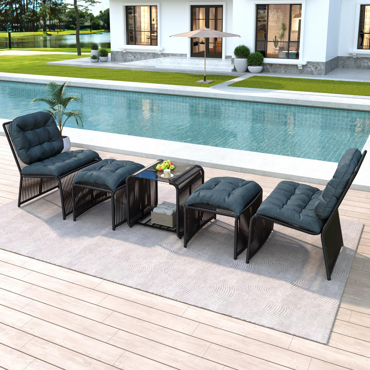 BALKONSET Gartenlounge-Set, 5-teilig, PE-Rattan, Schwarz+Dunkelblau - Schwarz, Metall - LVHOM