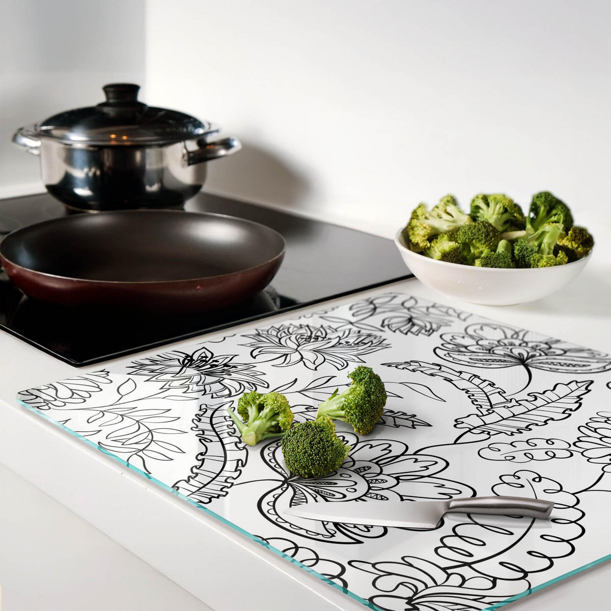 GLASPLATTE 60x52 cm Blumenmuster - Schwarz, Glas (60/0.4/52cm) - TULUP
