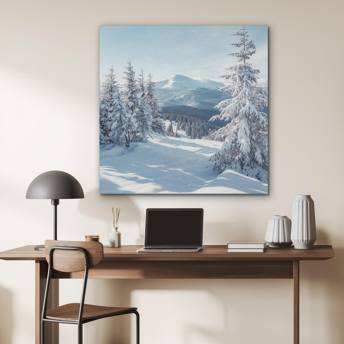 AKUSTIKPANEEL Winterlandschaft - Natur - Berge - Bäume - Schnee 90x90 cm - Hellblau, Textil (90/0.9/90cm) - MuchoWow