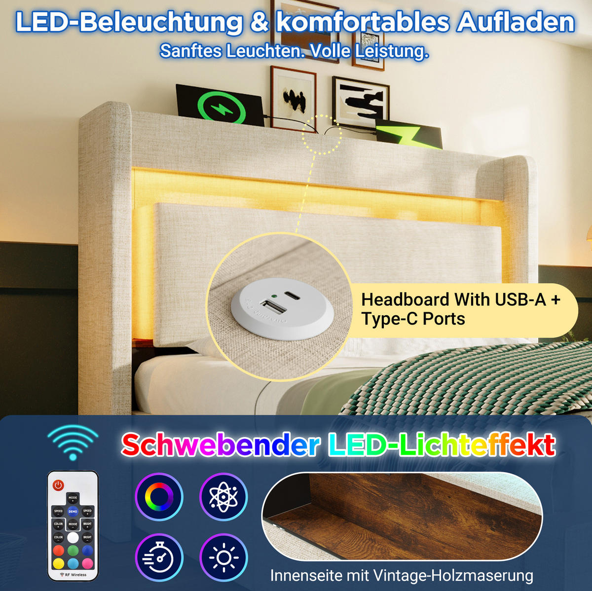 POLSTERBETT 90/200 cm Beige mit Stauraum, LED-Beleuchtung und USB- und Type-C-Anschlüssen - Beige, Textil (90/200cm) - Flora Grace