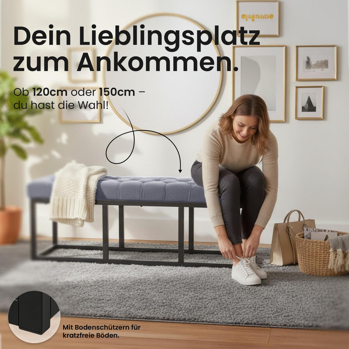 SITZBANK 150/37 cm Samt Grau - Schwarz/Grau, Textil/Metall (150/42/37cm) - CLP