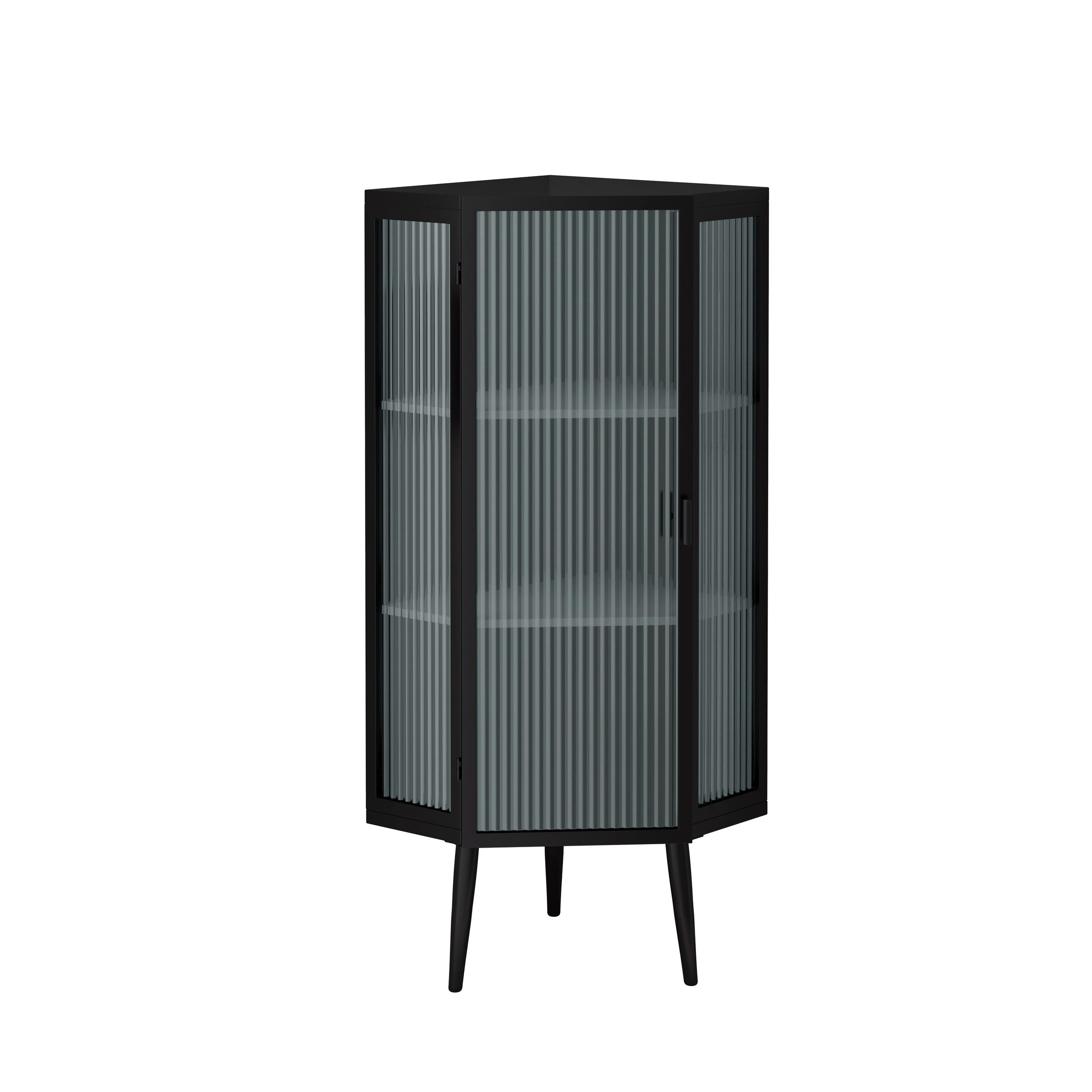 ECKSCHRANK Schwarz Metall & Glas 110cm mit 3 Ebenen & Tür - Schwarz, Metall (56/110/42.5cm) - Urban Meuble