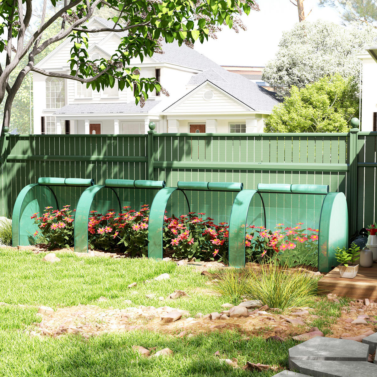 GEWÄCHSHAUS mit PE-Gitterfolie Aufrollbar Seitenwände Winterfest - Dunkelgrün, Kunststoff (100/80/395cm) - Outsunny