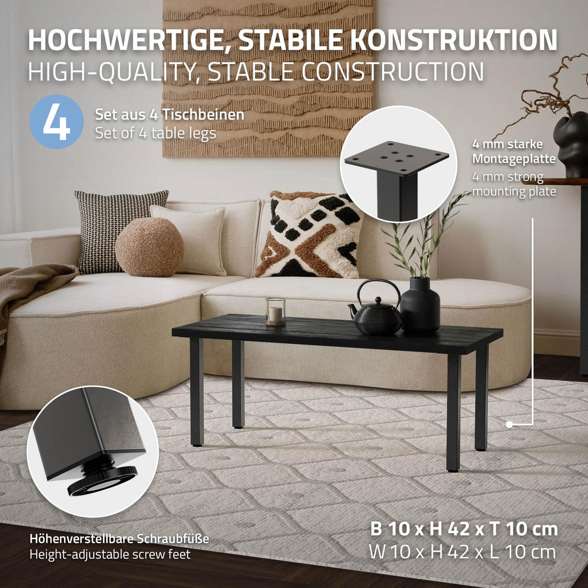 TISCHBEINE 4er Set I-Design H:42 cm Dunkelgrau 4x4 cm - Dunkelgrau, Metall (4/42/4cm) - ML-DESIGN