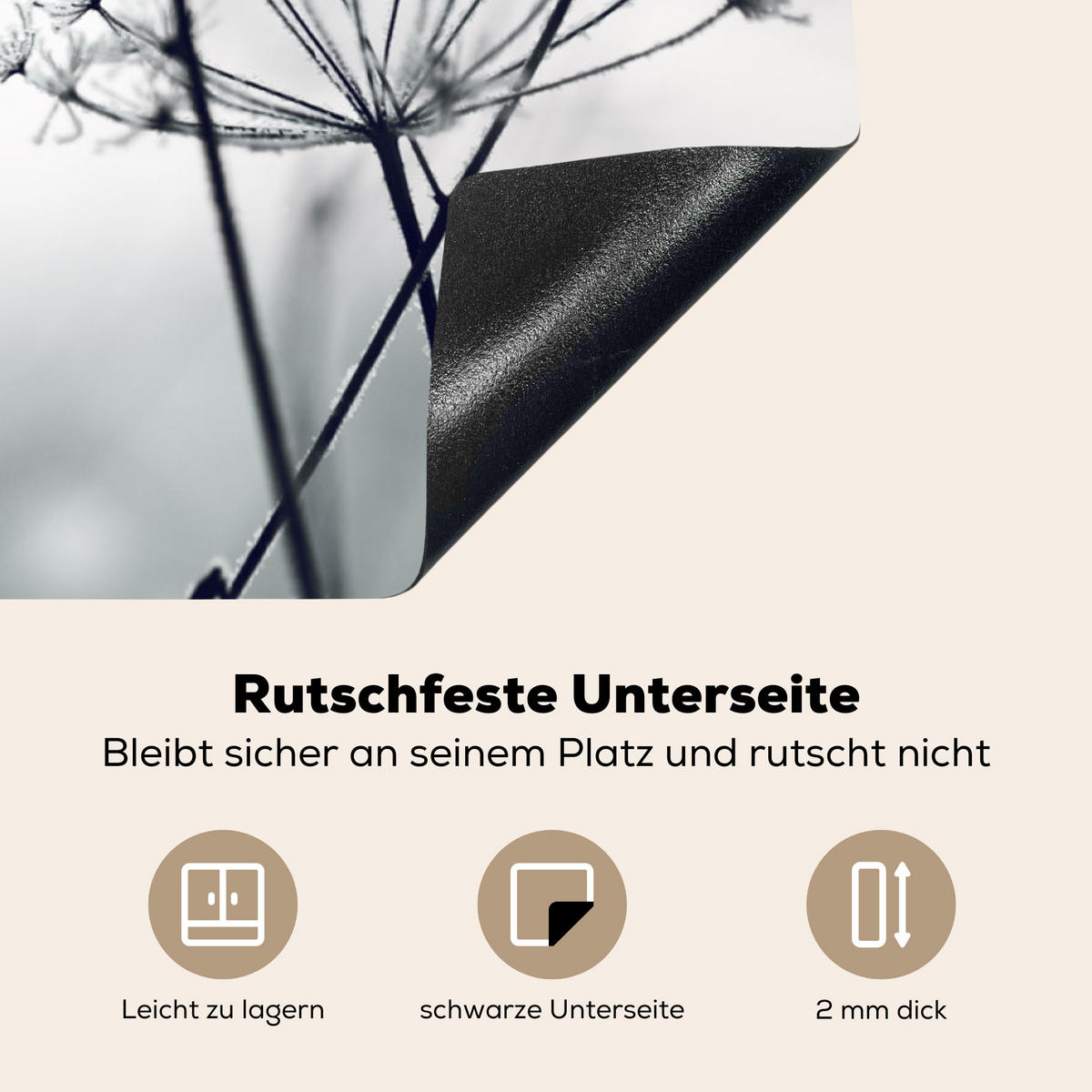 HERDABDECKPLATTE Blumen - Winter - Schnee - Natur Ceranfeldabdeckung 90x52 cm - Grau, Kunststoff (90/52/0.2cm) - MuchoWow