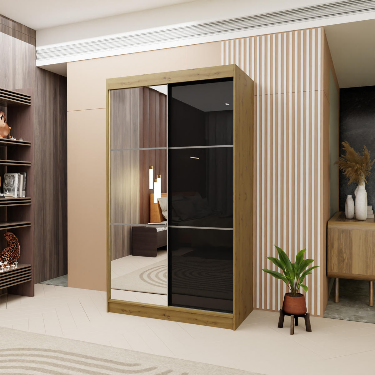 SCHWEBETÜRENSCHRANK VITALE 120/216/61 cm 2-türig mit Spiegel Eiche Artisan - Schwarz/Eiche Artisan, Holzwerkstoff (120/216/61cm) - MASSENO