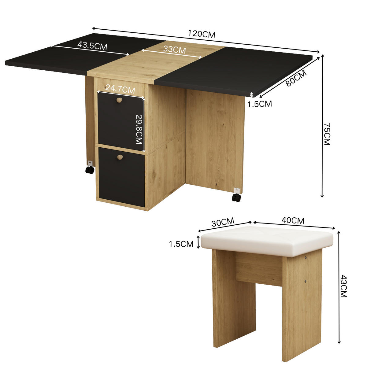 JEDÁLENSKÁ zostava 120/80/75 cm bielo-čierna z drevotriesky so skladacím a výsuvným stolom a 4 stoličkami - čierna, kompozitné drevo (80/75/120cm) - OKWISH