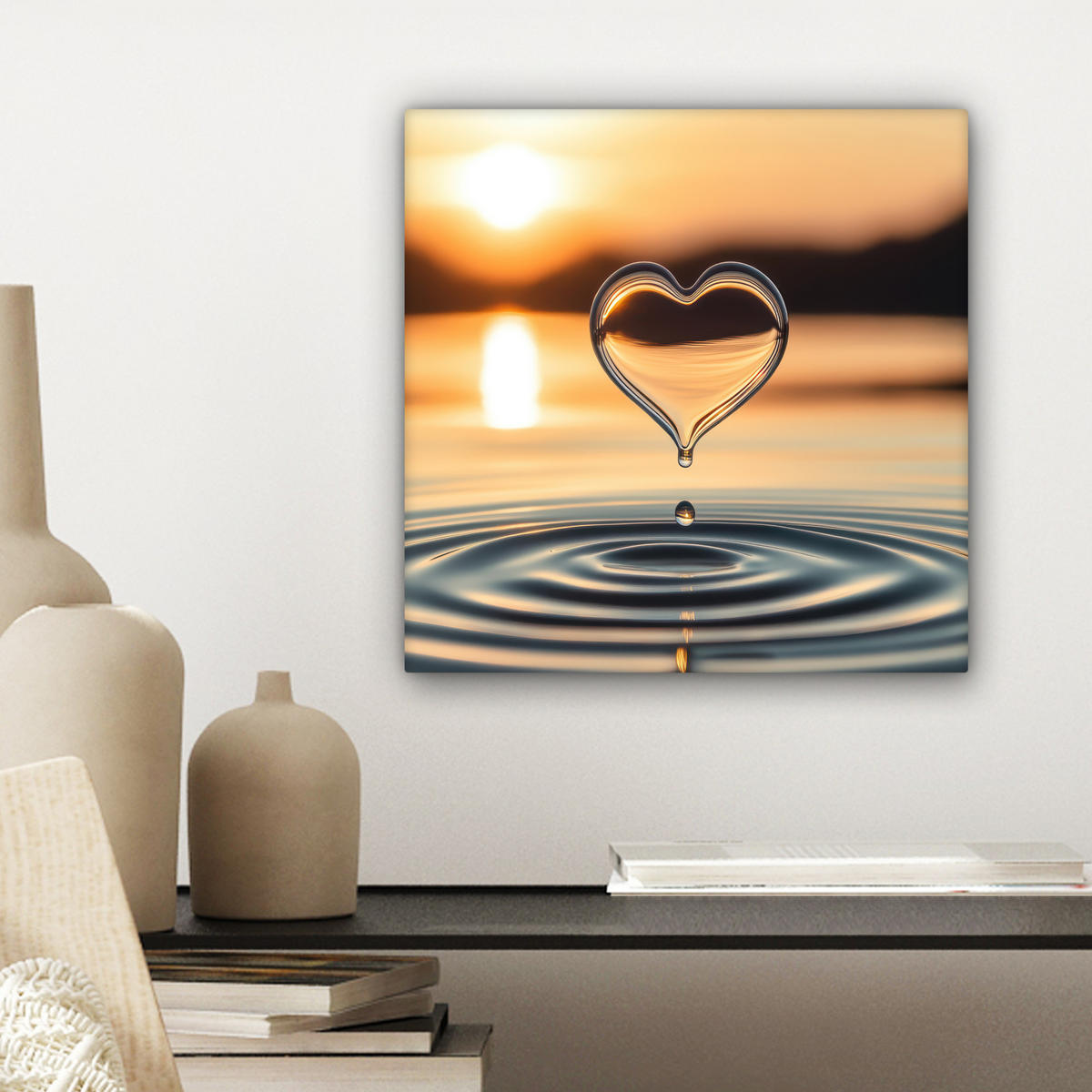 LEINWANDBILD - Herz - Wasser - Sonnenuntergang - Natur - Zen - 20x20 - Wandbilder - Bernsteinfarben, Textil (20/20cm) - MuchoWow