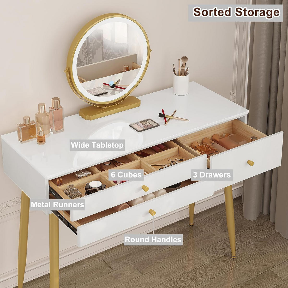 SCHMINKTISCH mit einstellbarer Spiegelleuchte Samthocker Goldbeine - Goldfarben/Weiß, Holzwerkstoff/Metall (100/122/40cm) - Woltu